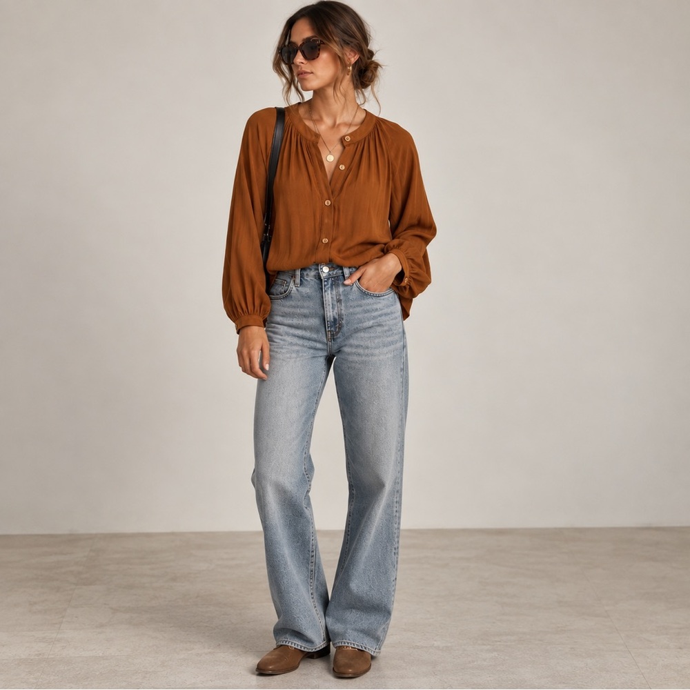 NWT a . new day flowy peasant blouse with balloon sleeves, button-down, Rust, XS